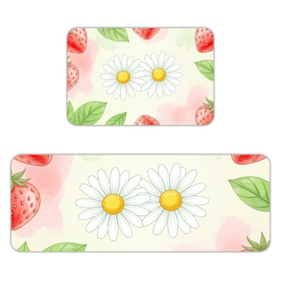 Ensemble de 2 tapis de sol en flanelle à motifs de fraises et marguerites aquarelle