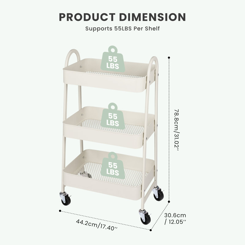 3-Tier Rolling Utility Cart with Locking Wheels, Metal Storage Organizer, Cream