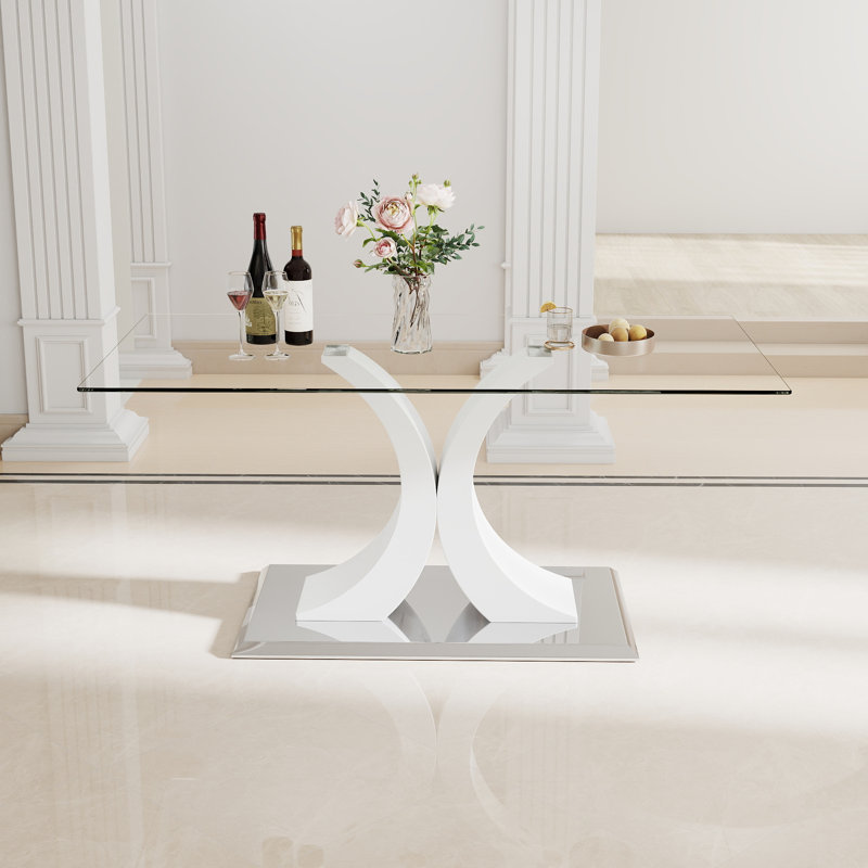 Table de salle à manger moderne en verre trempé avec base en métal Double-C pour la cuisine et la salle à manger