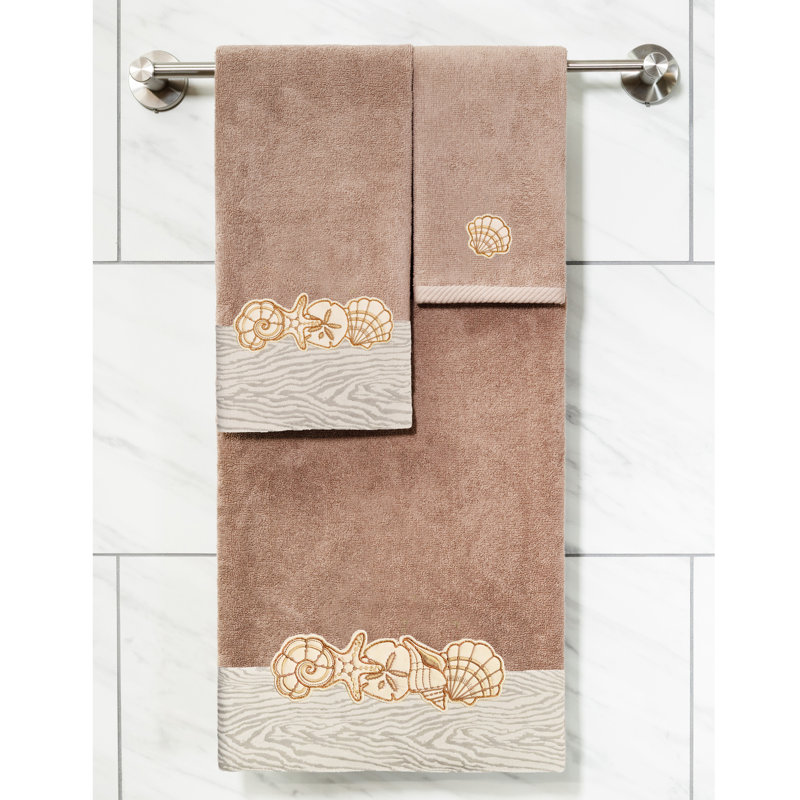 SHELL ROW 3PC Embellished Towel Set 3 Piece 100% Turkish Cotton Towel Set, Cocoa