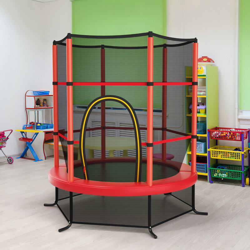 55" Red Round Kids' Trampoline with Safety Enclosure