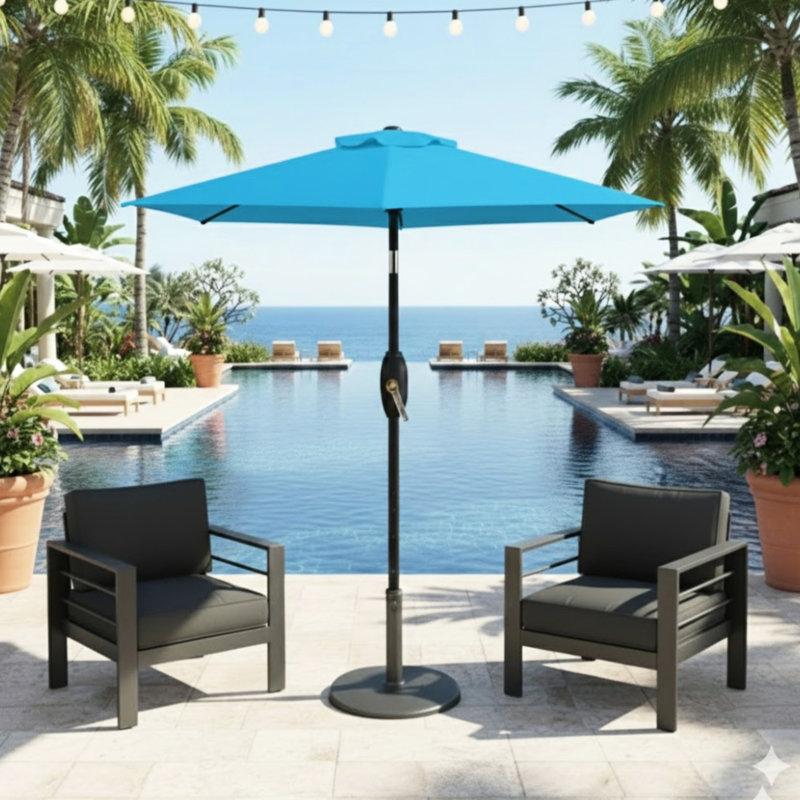 Parasol bleu de 2,3 m (7,5 pi) avec système de levage à manivelle, idéal pour les balcons d'appartements de 2,3 m (7,5 pi) et inclinable à 45°, protégeant ainsi des regards indiscrets au bord de la piscine.
