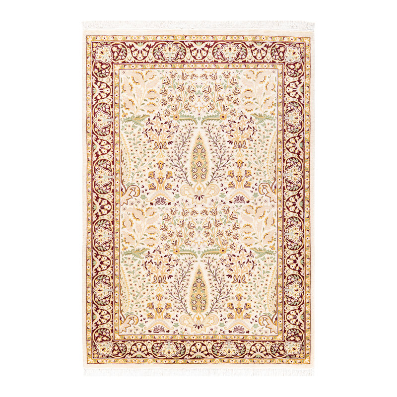Ivory Hand-Knotted Geometric Wool 4' x 6' Area Rug