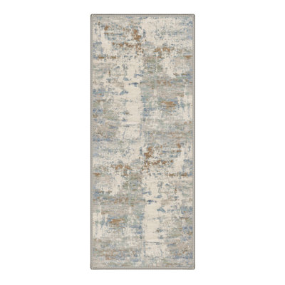 Atkins Machine Washable Abstract Ivory / Blue Hallway Runner With Non-Slip Backing