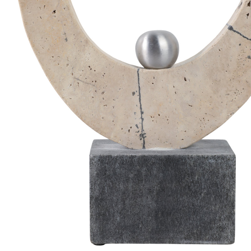 Ivy Bronx 18" Gorda Travertine And Metal Ring Statuary, Ivory/Tan