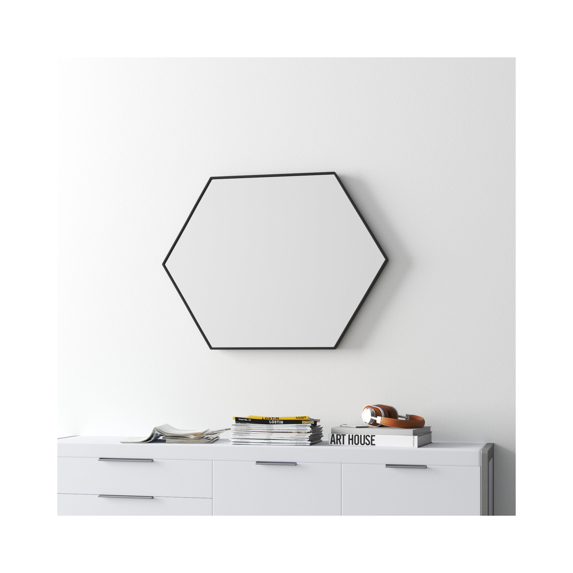 Sabine Metal Hexagon Wall Mirror, 32" H x 38" W, Black
