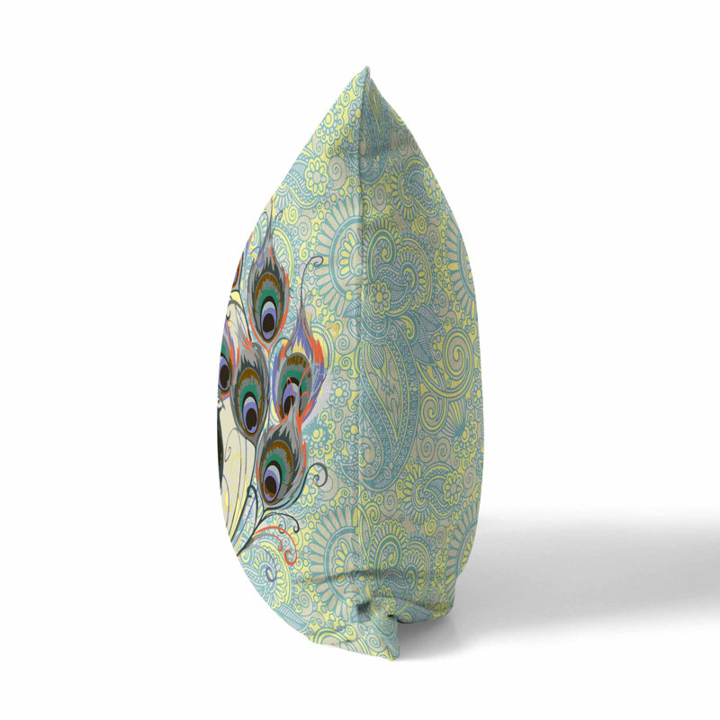 Skyblue and Yellow Paisley Peacock Faux Suede Throw Pillow