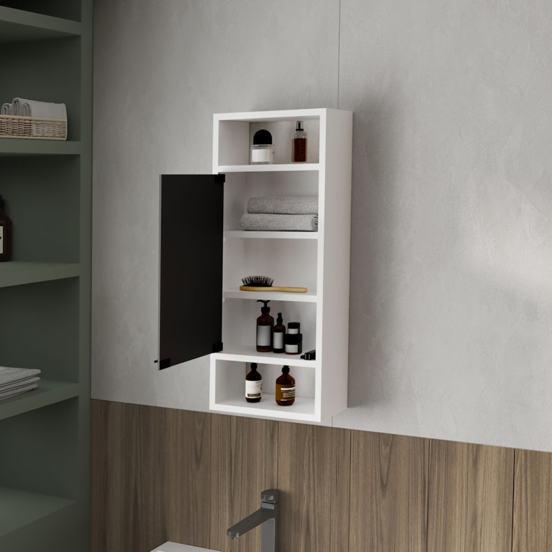 Armoire à pharmacie murale blanche avec porte miroir pour rangement de salle de bain, 30,5 po de hauteur, 10 15 po de profondeur et trois tablettes latérales ouvertes, 24 31 po de hauteur