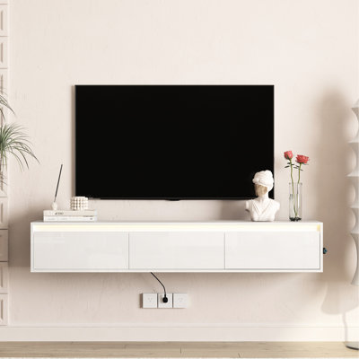 Tablette murale flottante pour téléviseur, support blanc ultrabrillant pour le salon, lumières à DEL et prise de courant, 3 2 ports, ornements décoratifs de rangement, télécommandes