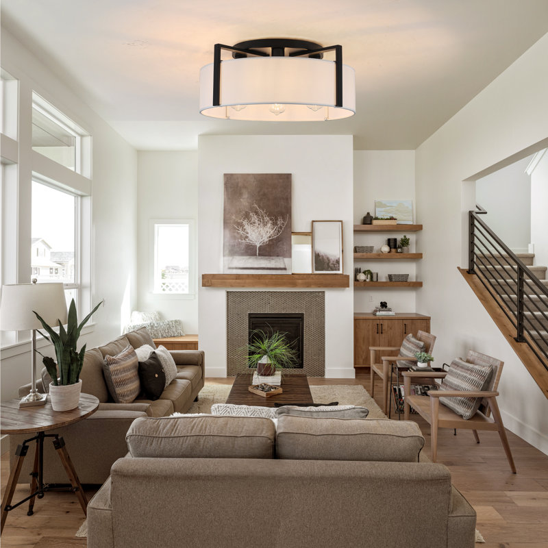 4-Ligh 20.47" Modern Drum Semi Flush Mount Ceiling Light With Fabric Shade For Bedroom, Kitchen, Entryway, 4 Lights
