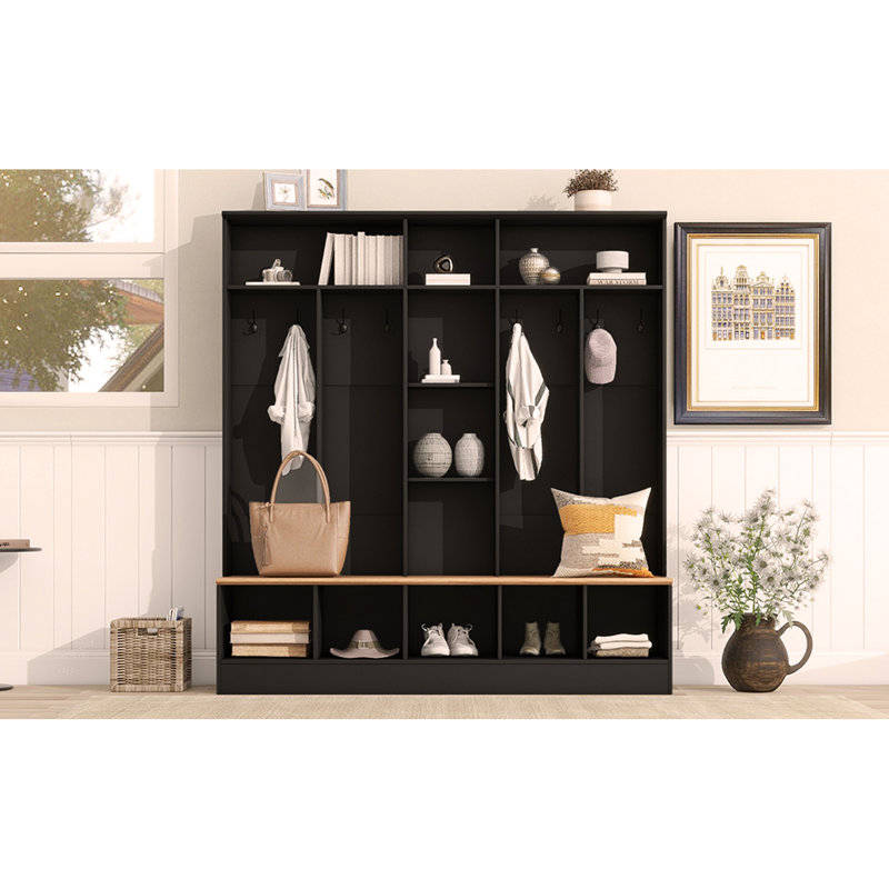 Wide Design Hall Tree with Storage Bench, Minimalist Shoe Cabinet with Cube Storage & Shelves,Black