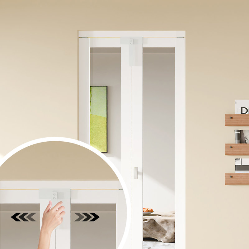 Portes pliantes - 1 porte intérieure en verre miroir pour garde-robe, bois massif avec serrure, poignée et quincaillerie.