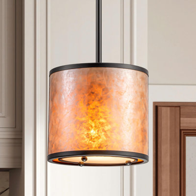 1-Light Modern Pendant with Boho Mica & Fabric Double Shade