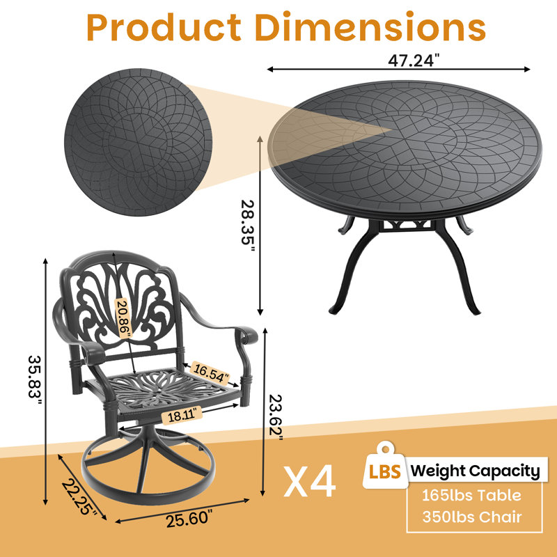 5-Piece Round Cast Aluminum Patio Dining Set with Swivel Chairs & Cushions, 28.35" H x 47.24" L x 47.24" W