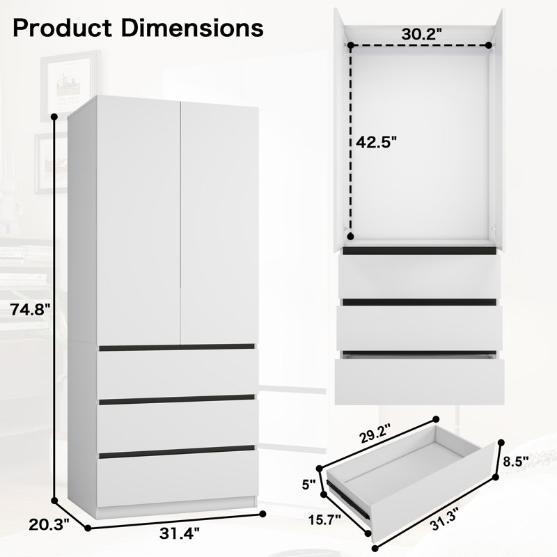 Armoire penderie à 3 tiroirs Ziniah