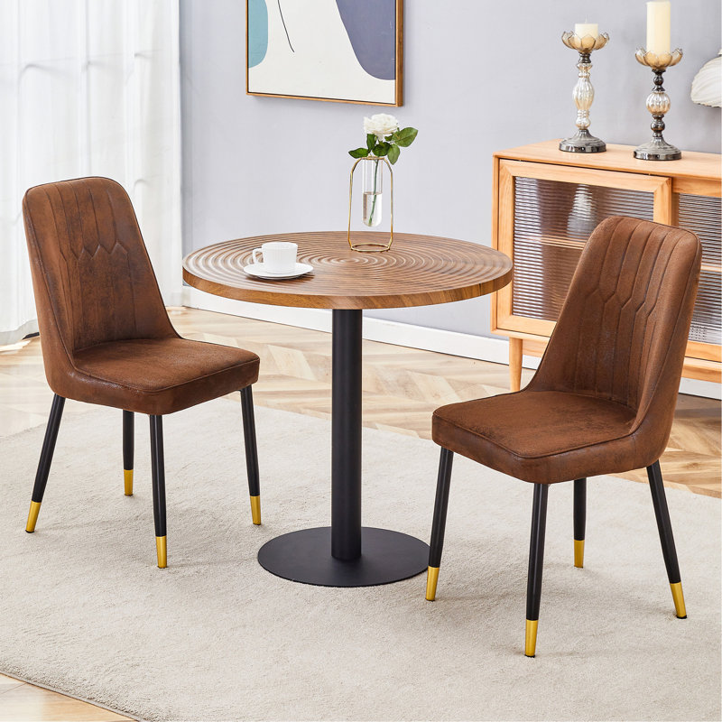 Table And Chair Set.31.5 Inch Dark Wood Grain Round Dining Table - Suction Molding Annular Texture.Paired With 2 Browntechnology-Fabric Material Dining Chairs.Suitable For Kitchen,Dining Room,Etc.