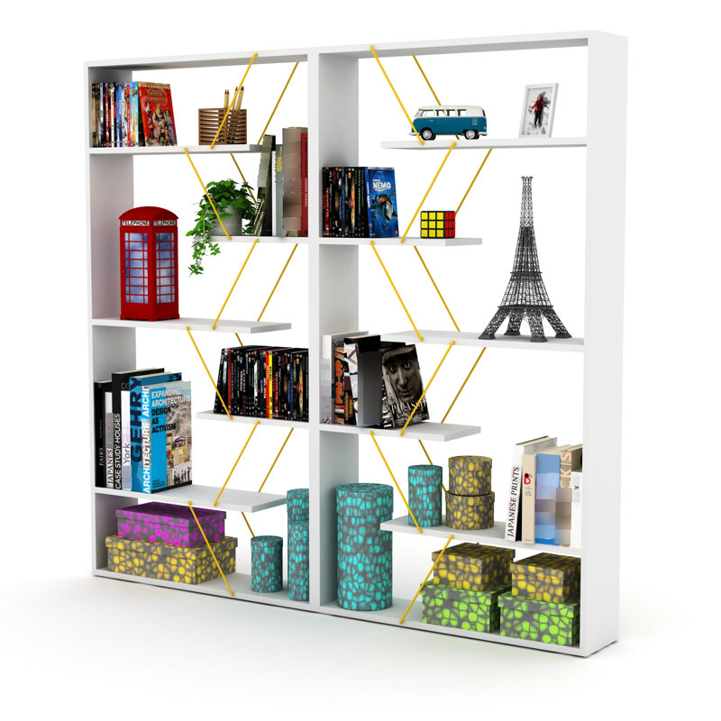 Bibliothèque industrielle à 6 tablettes en bois de noyer / jaune, Blanc / Doré