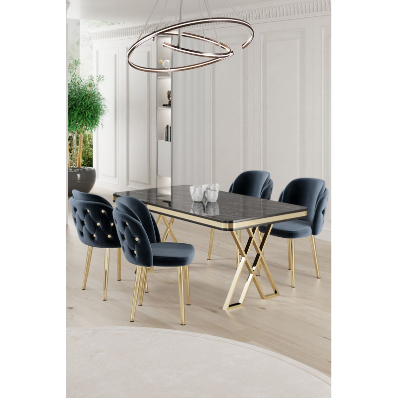 Ensemble de table et chaises de salle à manger moderne 5 pièces, marbre noir et or, 51,2 po x 29,1 po x 31,5 po | Panneau 100% laqué, pieds en métal, structure en contreplaqué, tissu Babyface, dossier en mousse à 22 feuilles, parfait pour les espaces de salle à manger glamour
