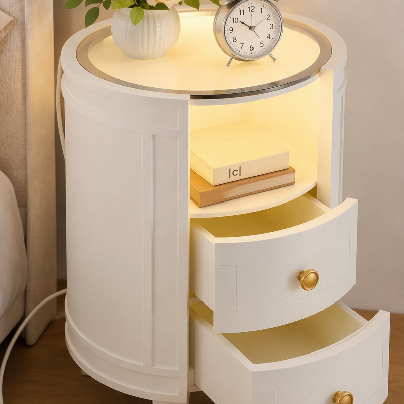 Table de chevet à 2 tiroirs avec éclairage DEL, table d'appoint moderne avec plateau en verre