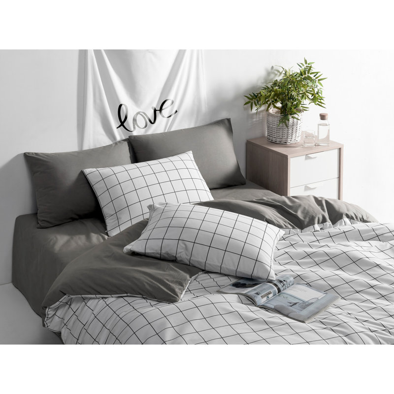 Ensemble de housse de couette 100% coton gris clair Gibril, Housse de couette simple + 1 taie d'oreiller 24 po