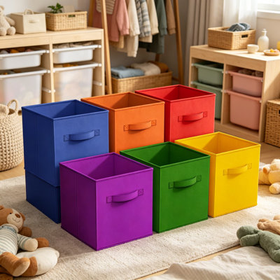 11 Inch Fabric Storage Cubes 6 Pack, Sturdy Collapsible Bins with Handles, Foldable Baskets for Organizing Clothes Toys Books, Multi Colored Storage Baskets for Shelves Kids Room Closets
