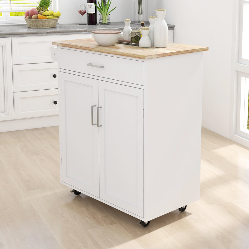 Îlot de cuisine avec tablettes réglables, tiroir, porte-serviettes et construction stable verrouillable blanc, portes doubles, plateau en bois d'hévéa massif