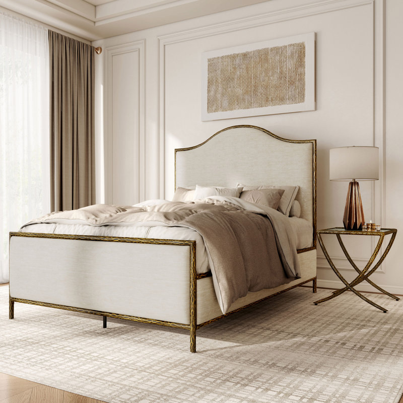 Lalia Modern Hammered Metal 2-Piece Bedroom Set, 2 Pcs: Bed, Side Table, Matte Gold, Queen