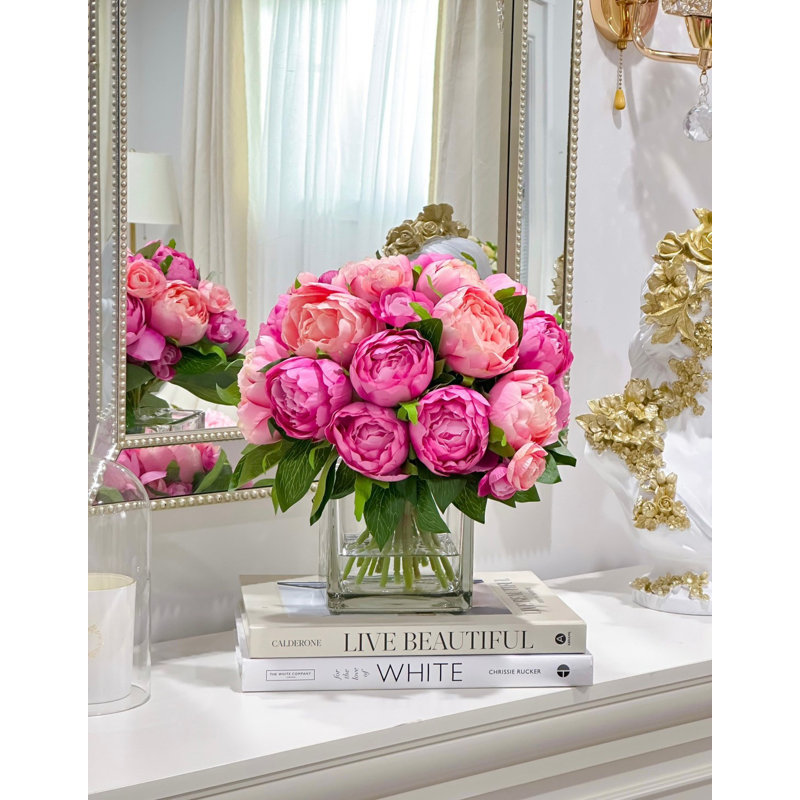 Fuchsia Pink Modern Fuchsia Peonies In Glass Vase – Luxury Faux Flowers For Home Decor, Light Pink