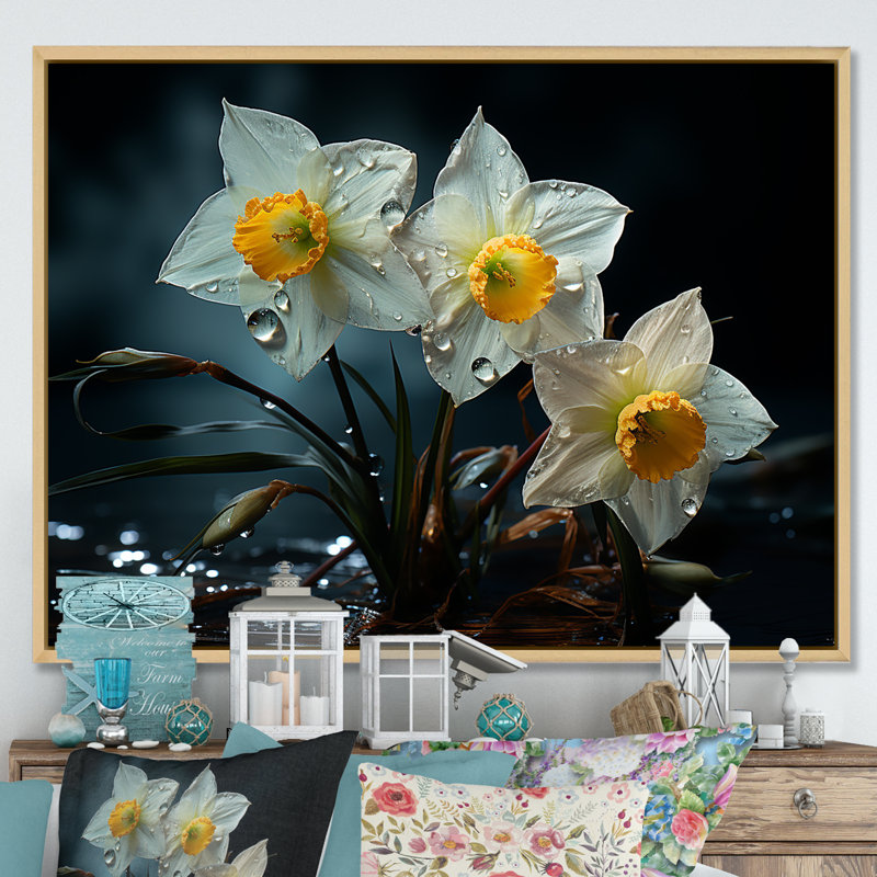 «Dewy Daffodils At Sunrise I», reproduction sur toile, Cadre flottant brun, 16" H x 32" W