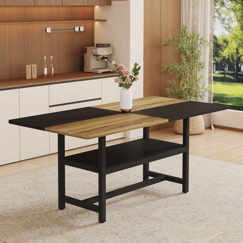 Table de salle à manger multifonctionnelle: L 71 po x l 35,4 po x H 30 po, plateau épissé bicolore et tablette de rangement de 43,3 po, idéale pour les réunions de famille et les espaces modernes