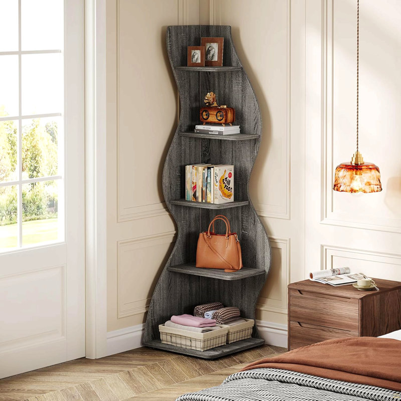 69.8"Height 5-Tier Wavy  Corner Bookshelf And Plant Stand For Living Room Small Space, Gray
