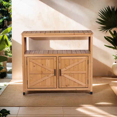 Patio Storage Cabinet With Slatted Aesthetic And Multi - Purpose, Outdoor Indoor Buffet Sideboard, Made Of Solid Fir, Brown Shade Design Use, Color