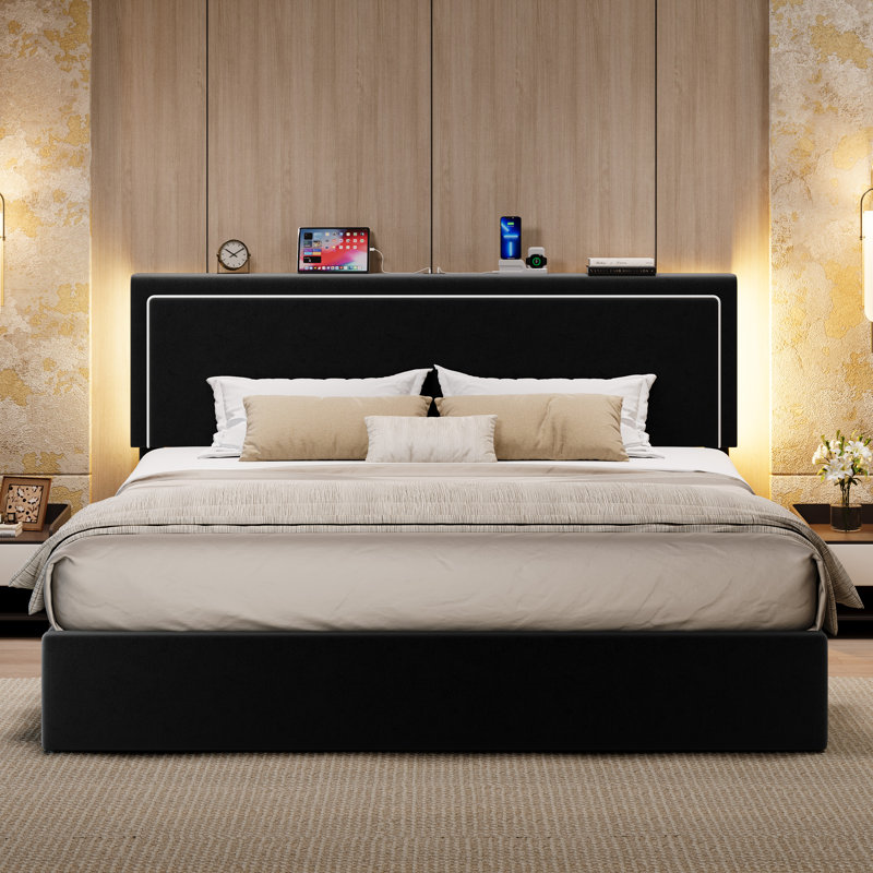 Modern Velvet Upholstered Platform Bed With LED Headboard, Built-In Charging Station, And Lift Under-Bed Storage, Black, King