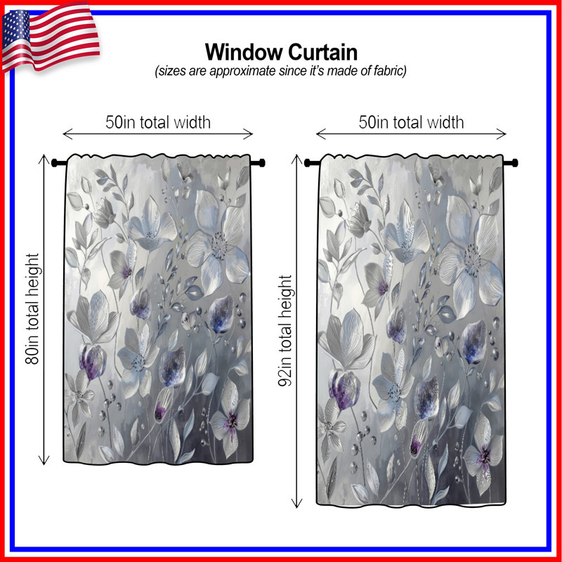 Rideaux de fenêtre gris et blanc à motif floral, voilages et rideaux occultant - 1 panneau, 50 po x 80 po - 1 panneau