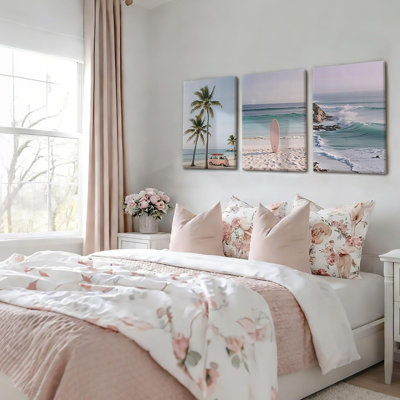 3-Piece Coastal Beach Canvas Wall Art Boho Beach Scene Wall Framed Prints Pink Vintage Van Surfboard Poster Tropical Ocean Palm Wall Decor 12X16 Inch For Living Room Bedroom Bathroom