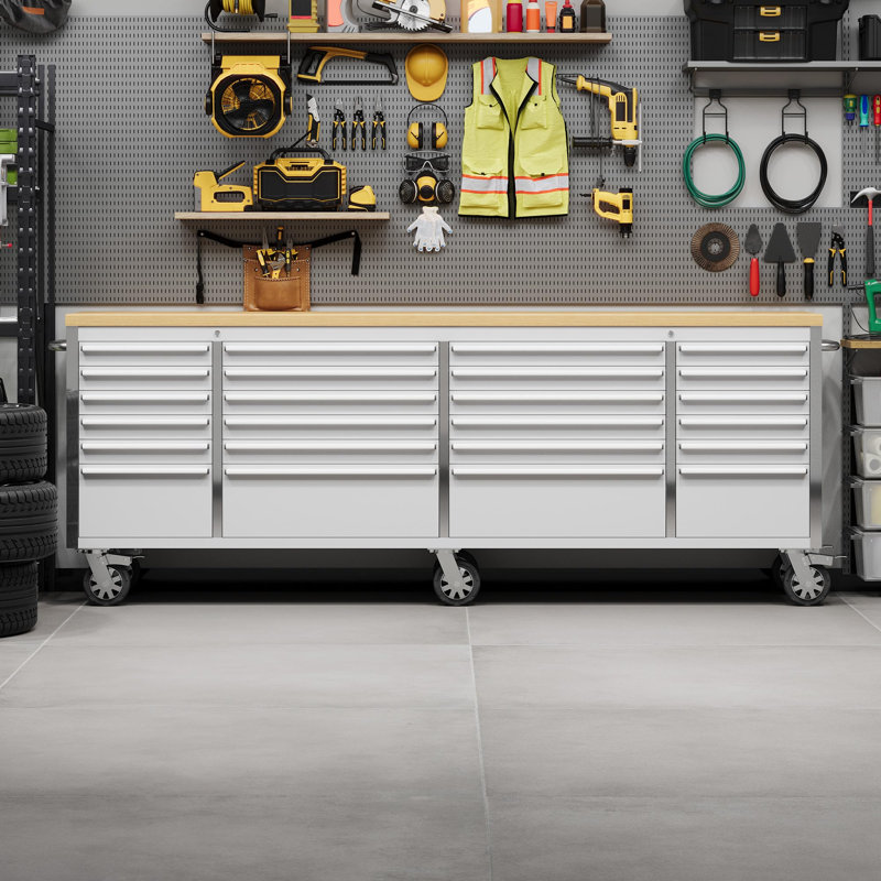 Coffre à outils mobile de 96 pouces, 24 tiroirs verrouillables en acier inoxydable avec plateau en bois, grand rangement pour atelier et atelier de réparation