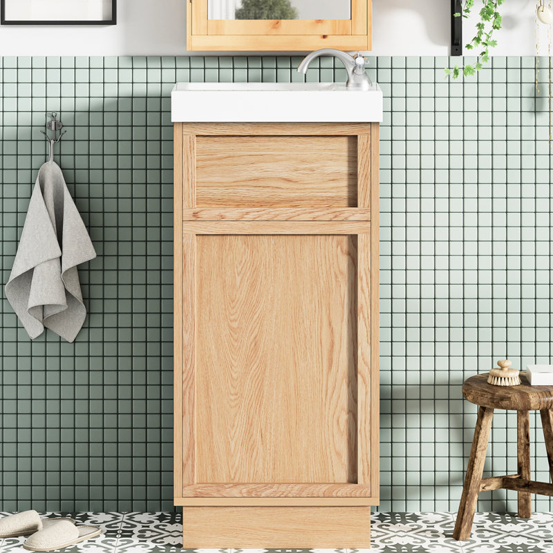 Meuble-lavabo rustique de 15,68 po avec lavabo réversible en résine, tablette réglable, porte à ouverture facile, fermeture en douceur, finition grain de bois