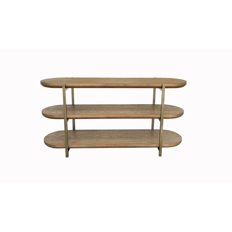 Aurora Bridges Console Table – Latte Elm Veneer 3-Tier Modern Sofa Table with Open Shelving & Metal Accents