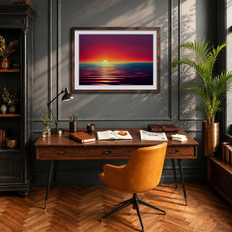 Mysterious Ocean Sunset - Framed Print, 46cm H x 64cm W, Brown