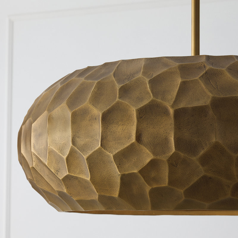 26" W x 9.75" H 4-Light Faceted Drum Pendant in Burnished Patinaed Brass with Handcrafted Sandcast Distressed Texture
