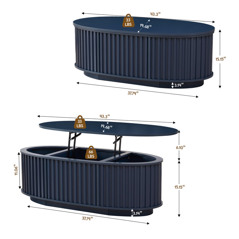 43.3'' W Oval Lift Top Coffee Table With Storage, Blue
