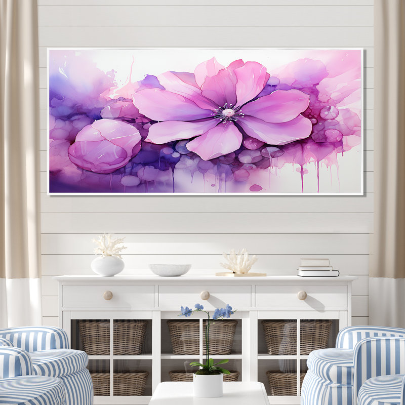 Encre botanique florale rose et mauve - art mural botanique, Cadre flottant blanc, H 28 po x l 60 po x P 1,5 po