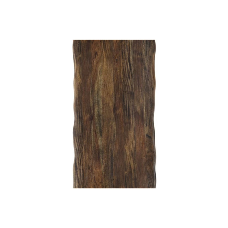 Table de salle à manger de 67 pouces en bois d'acacia massif à bord naturel, brun foncé, avec piètement en métal noir en forme de X.