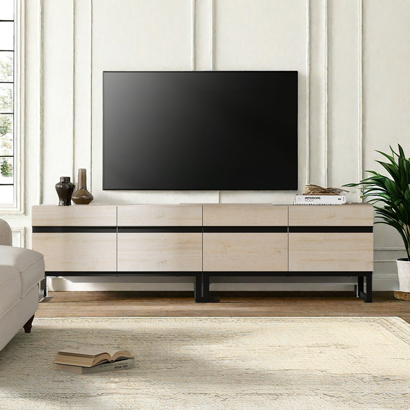 Modern TV Stand With Storage Cabinets For 75 Inch TV, Wood Entertainment Center Media Console Table With Metal Legs For Living Room