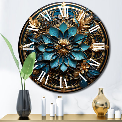 Gold and Teal 3D Flowers Ancient Seal II - Abstract Botanicals Wall Clock
