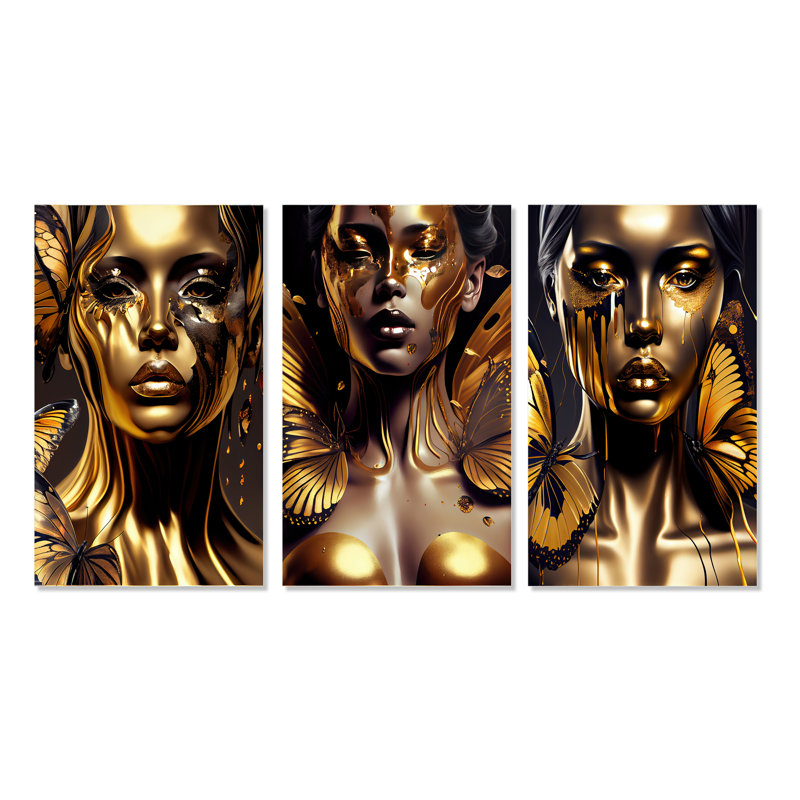 «Femme avec papillons noirs et dorés», 3 pièces sur toile, Toile tendue, H 20 po x l 36 po