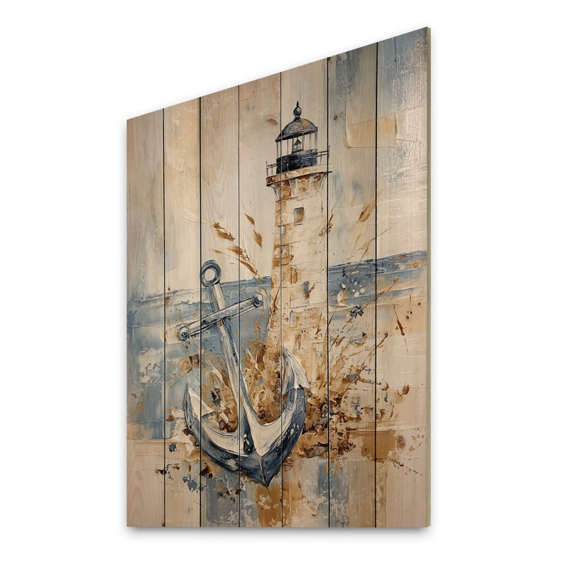 Ancre et phare - art mural en bois côtier sur bois de pin naturel, H 40 po x l 30 po