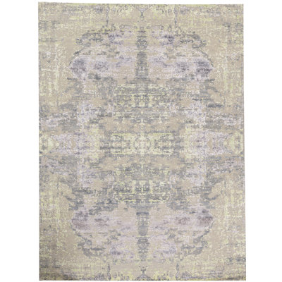 Tapis à la main one-of-a-kind à la main 8 pi 11 po x 12 pi 2 po laine/beige en soie de couleur mauve/beige noué Canterbury