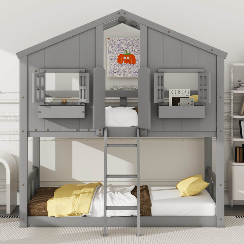 Brayson Twin Over Twin Wood House Bunk Bed With Window And Small Box, Gray