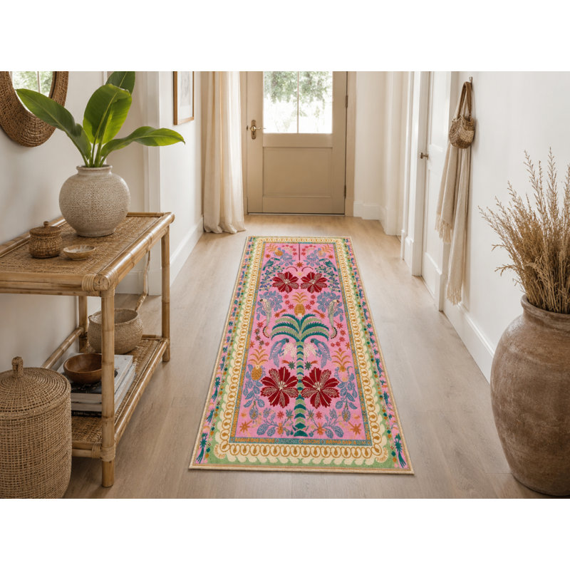 Pink Themed Multicolored Motif Flower And Bird Patterned Vintage Decorative Carpet, Rectangle 3'4" x 5'